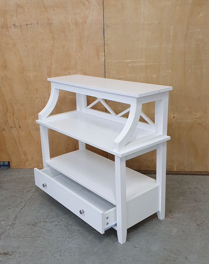 Small White Wood 2 tier Cabinet with 1 Drawer and Criss-Cross Back - 130825-07
