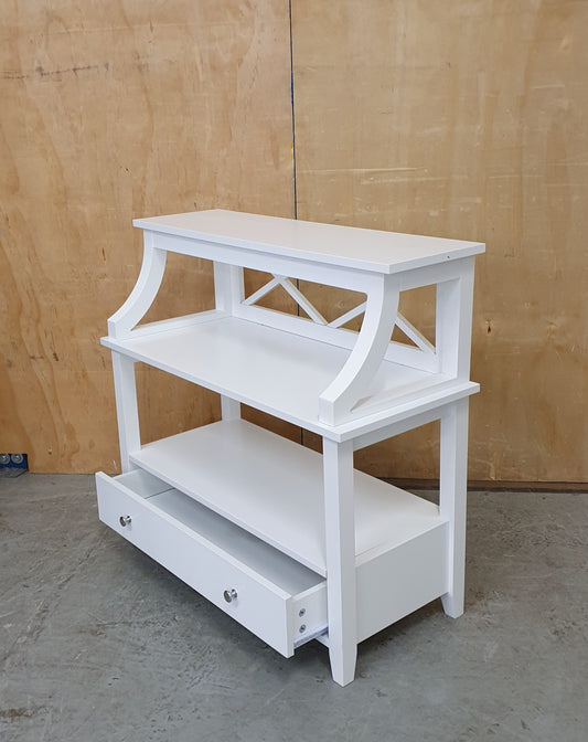 Small White Wood 2 tier Cabinet with 1 Drawer and Criss-Cross Back - 130825-07