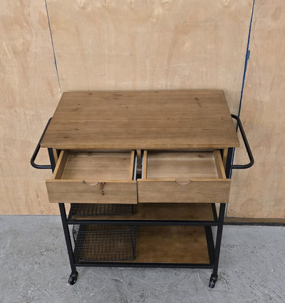3 Tier Dark Wood / Black Metal Kitchen Trolly on Castor Wheels - 104763