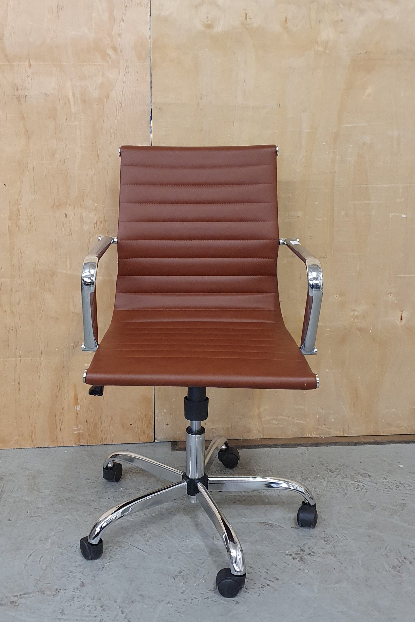 Brown Faux Leather and Chrome Office Chair on Castor Wheels - RN103186