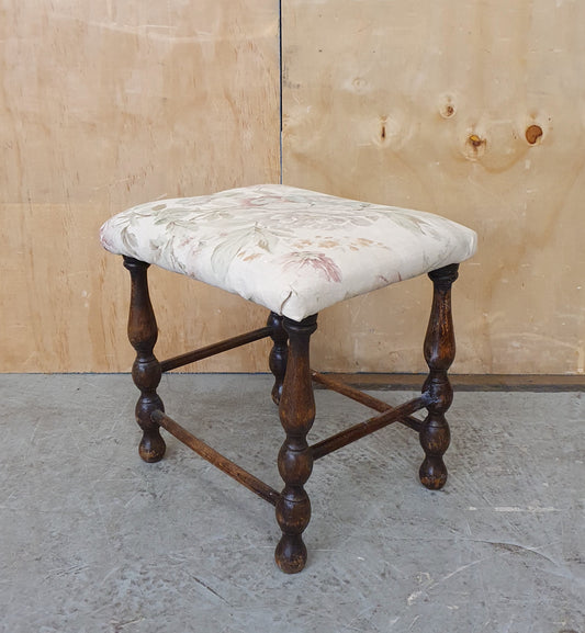 Small Mahogany Frame Foot Stool with Floral Fabric Seat Cover - EL104483