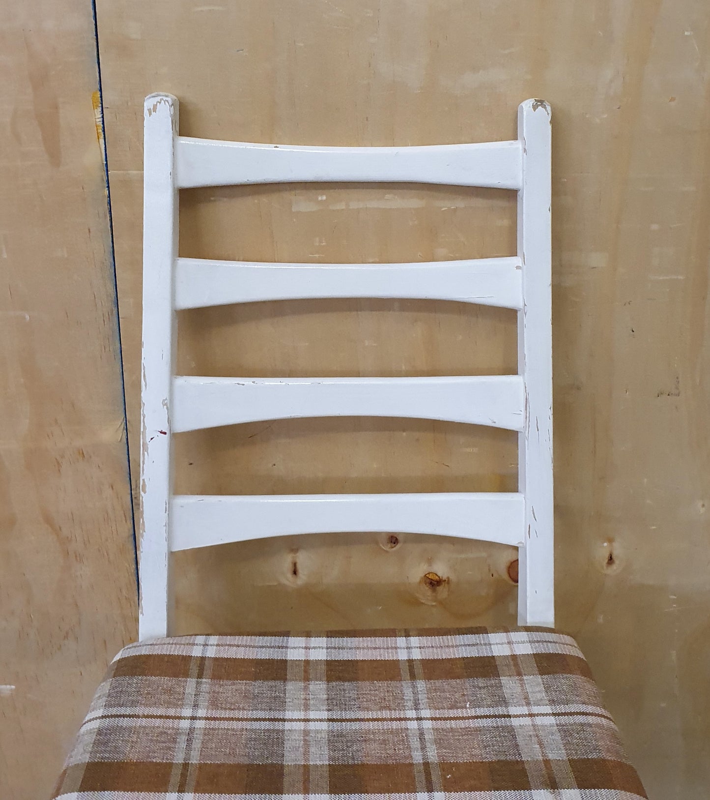 Single White Wood Dining Chair with Slatted Back Rest and Brown Check Fabric Seat Cover - EL104060