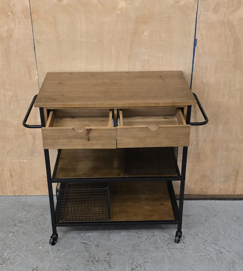 3 Tier Dark Wood / Black Metal Kitchen Trolly on Castor Wheels - 104763