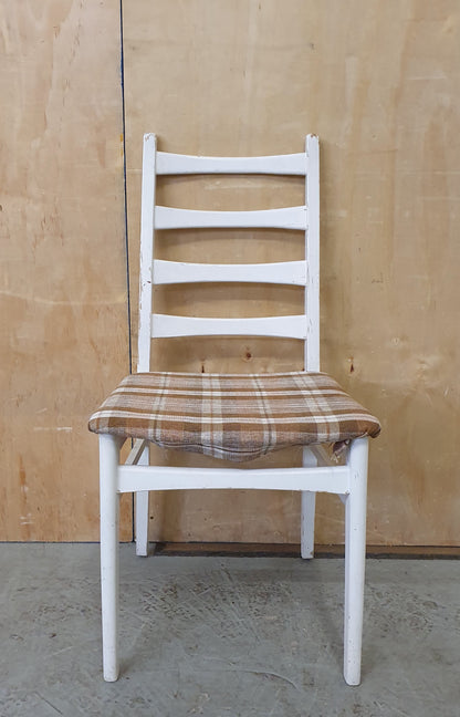 Single White Wood Dining Chair with Slatted Back Rest and Brown Check Fabric Seat Cover - EL104060