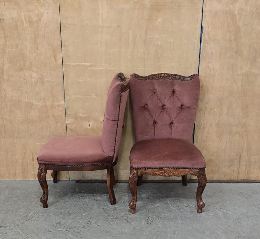 2 Matching Vintage Burgundy Velvet Slipper Chairs with Engraved Cabriole Feet - 140925-01