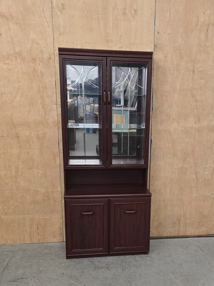 Dark Stained Wood Glass Door Cabinet in Two Sections - 104742