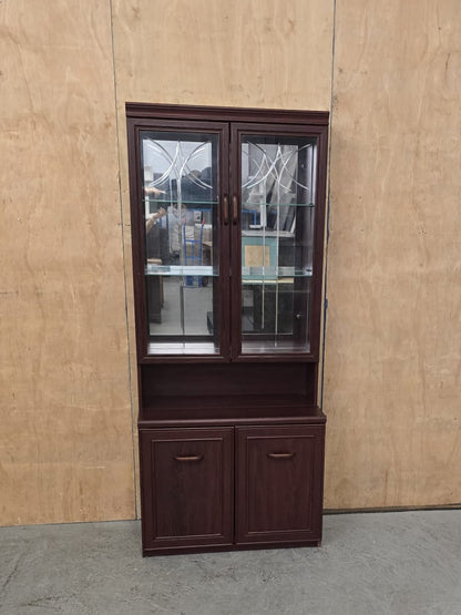Dark Stained Wood Glass Door Cabinet in Two Sections - 104742