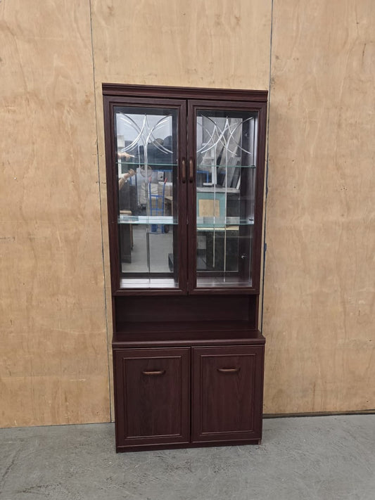 Dark Stained Wood Glass Door Cabinet in Two Sections - 104742