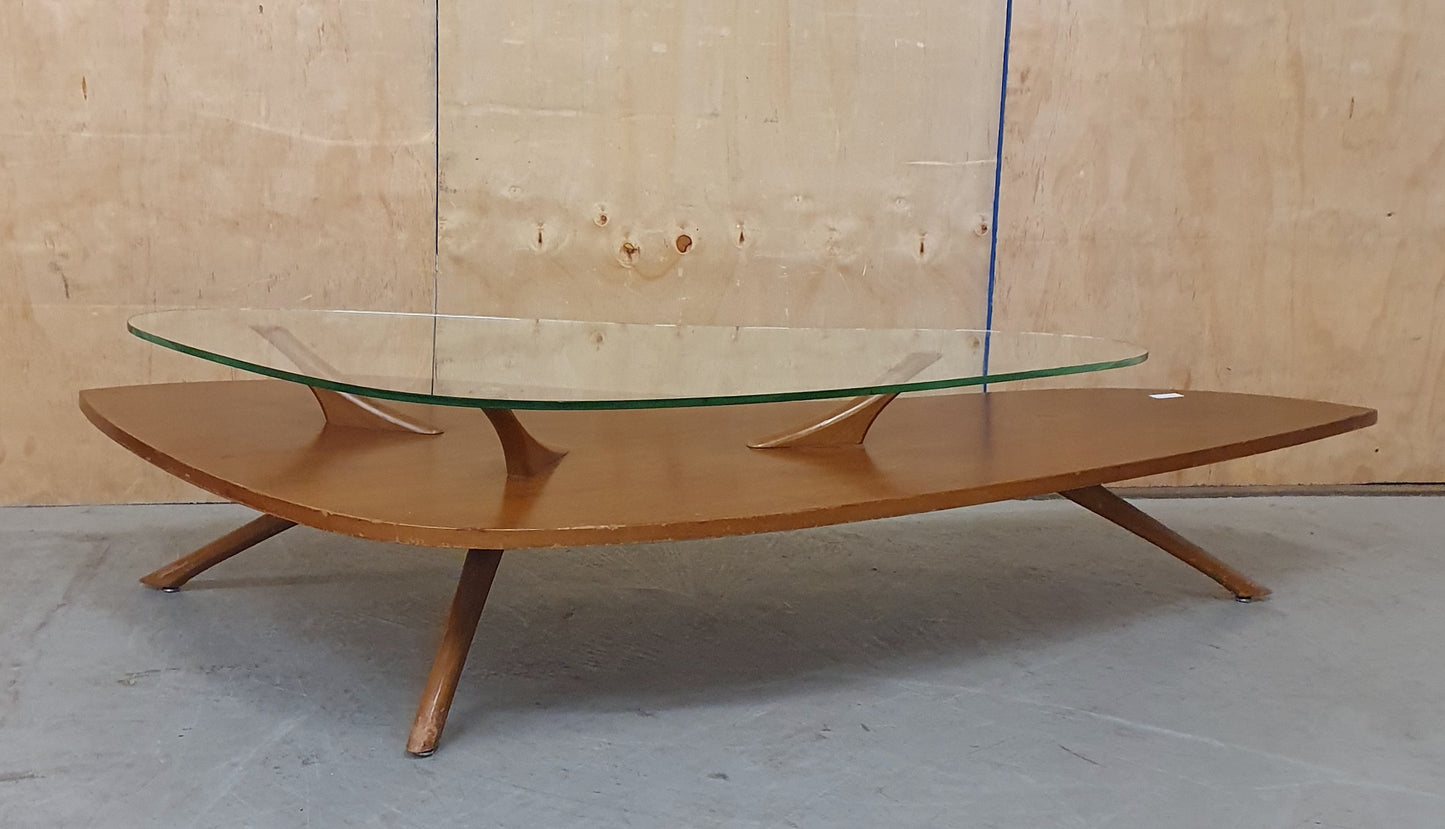 2 Tier Large Boomerang Shape Mid Century Inspired Design Coffee Table with Removable Glass Top - 103034