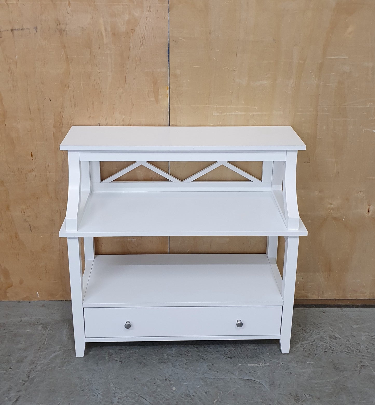 Small White Wood 2 tier Cabinet with 1 Drawer and Criss-Cross Back - 130825-07