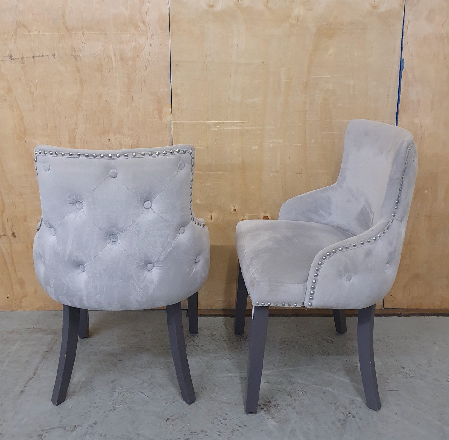 2 Grey Velvet Matching Dining Chairs with Deep Buttoned Back - EL103136 / EL103137