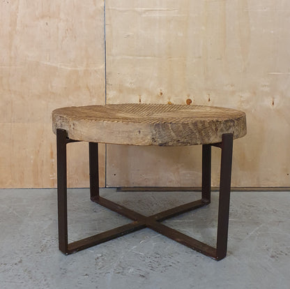 Round Wood Engraved Top Metal Frame Coffee Table - 104174