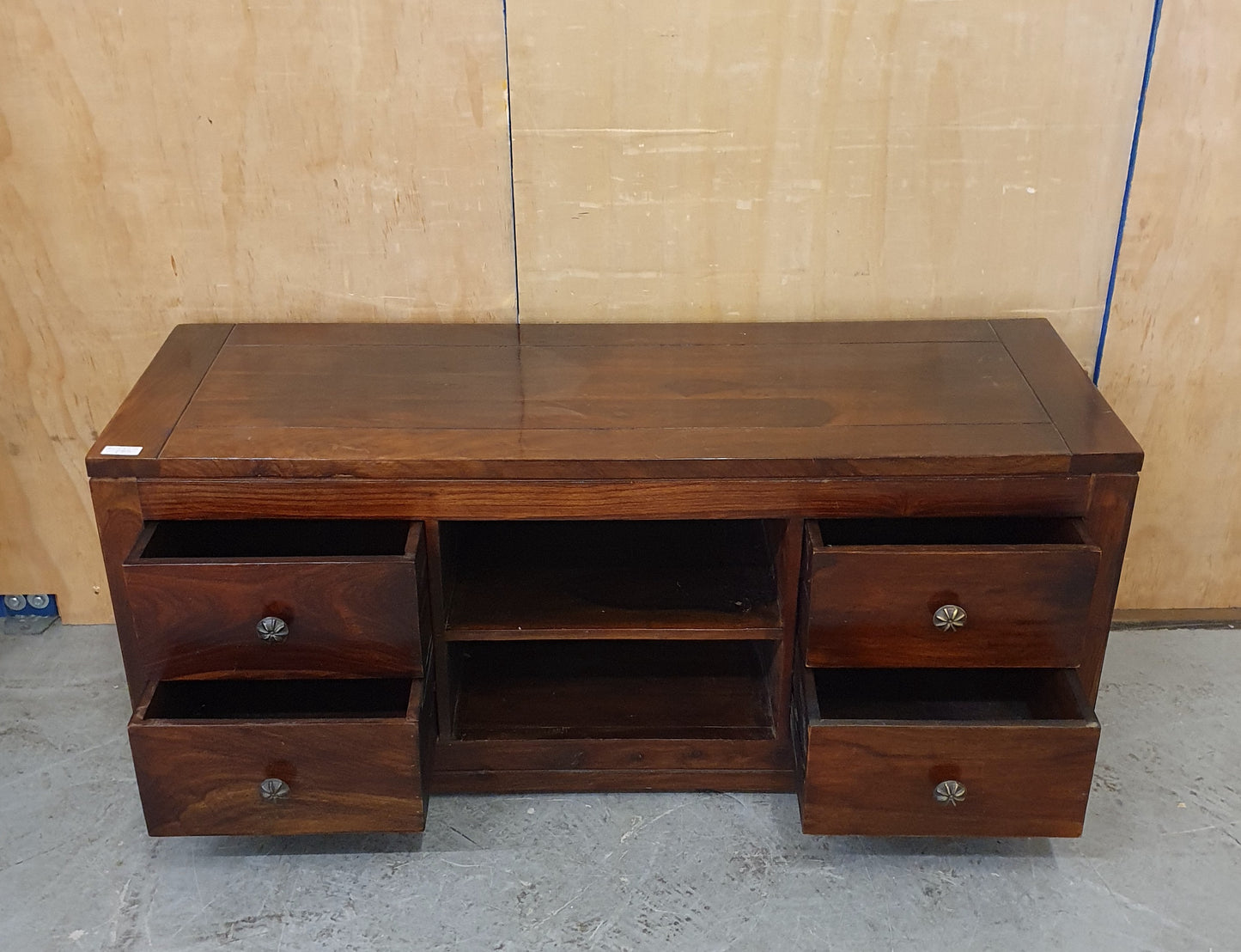 Large Dark Stained Heavy Duty Wood TV Stand with 4 Drawers and Centre Shelf - EL104592