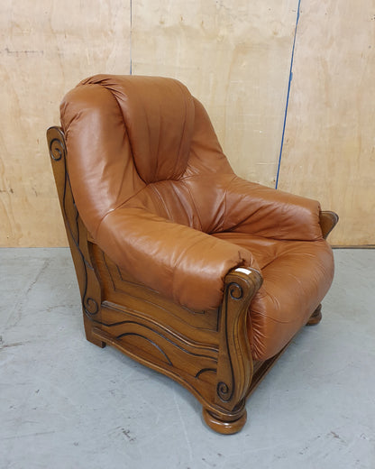 Brown Leather Armchair with Decorative Wooden Frame - 103095