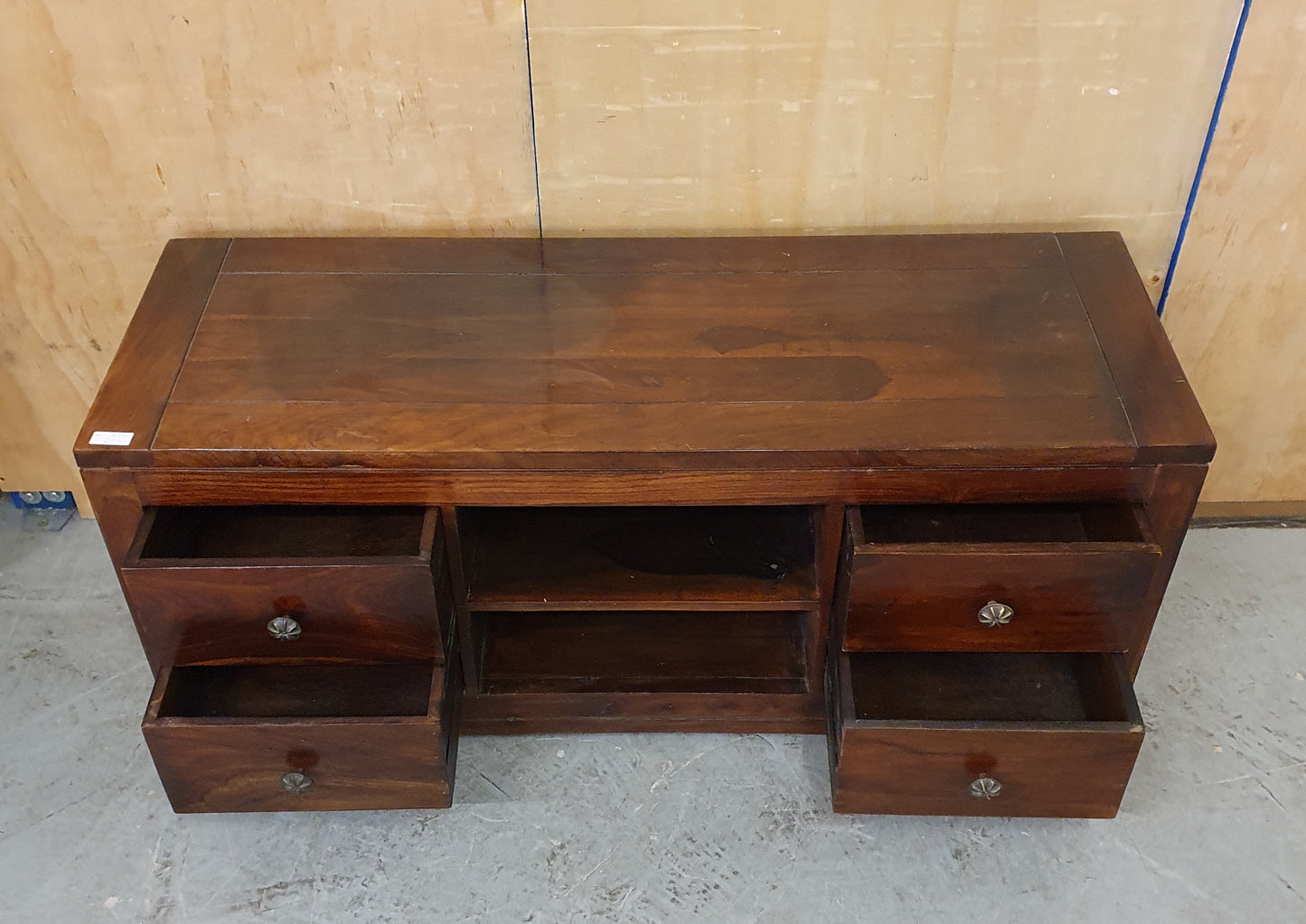 Large Dark Stained Heavy Duty Wood TV Stand with 4 Drawers and Centre Shelf - EL104592