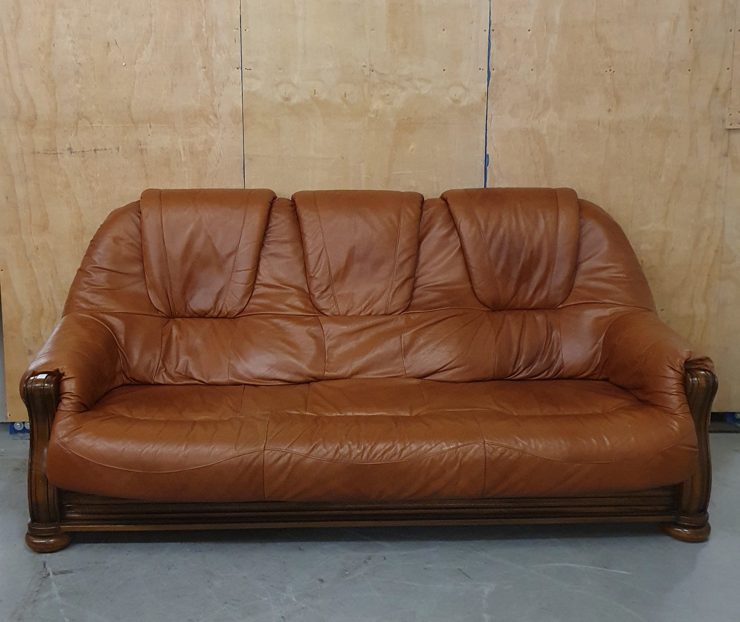 Brown Leather 3 Seater Sofa with Decorative Wooden Frame- 103094