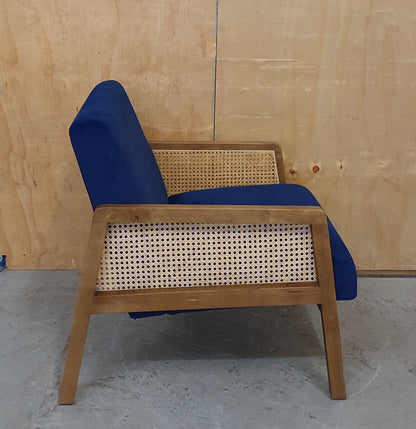 Blue Velvet Accent Armchair with Rattan Sides - 104941