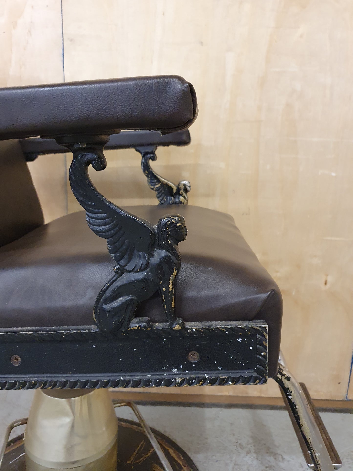 Vintage Style Barbers Chair with Egyption Sphynx Under Each Armrest -103031