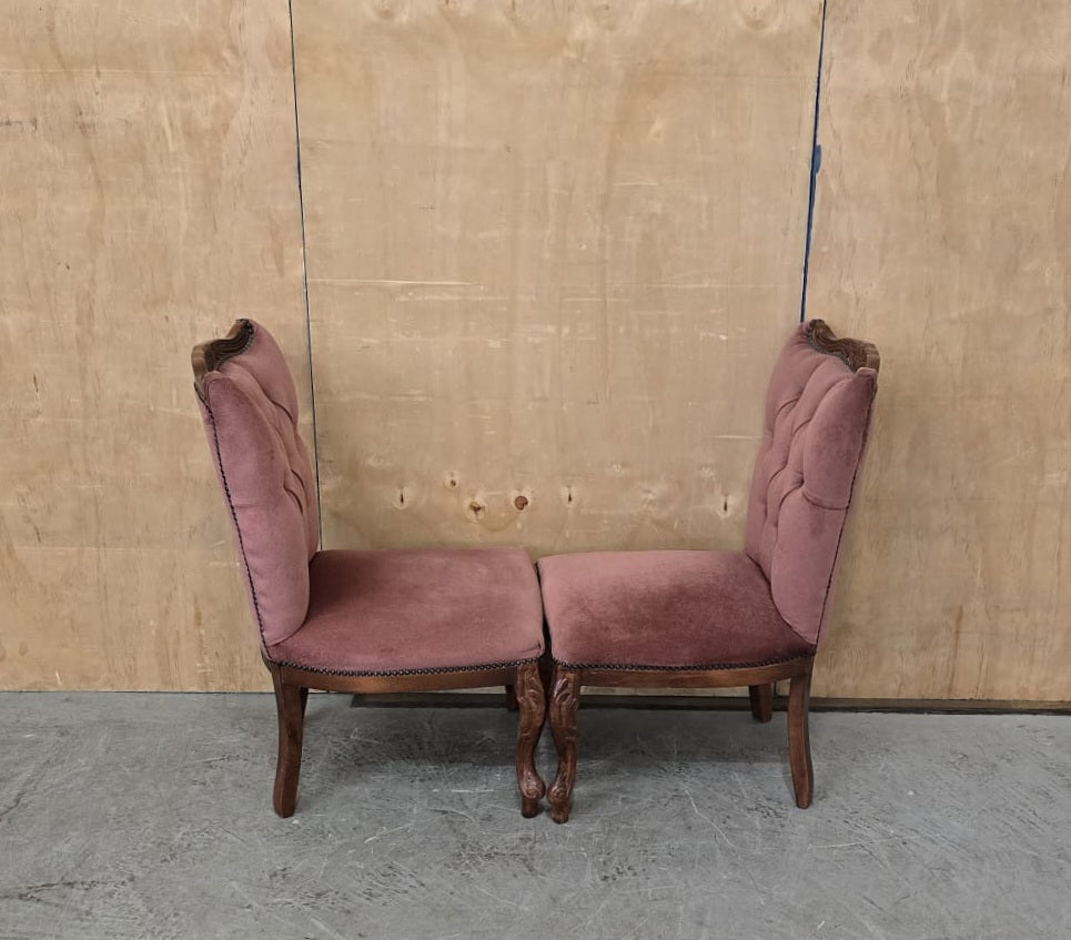 2 Matching Vintage Burgundy Velvet Slipper Chairs with Engraved Cabriole Feet - 140925-01