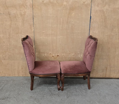 2 Matching Vintage Burgundy Velvet Slipper Chairs with Engraved Cabriole Feet - 140925-01
