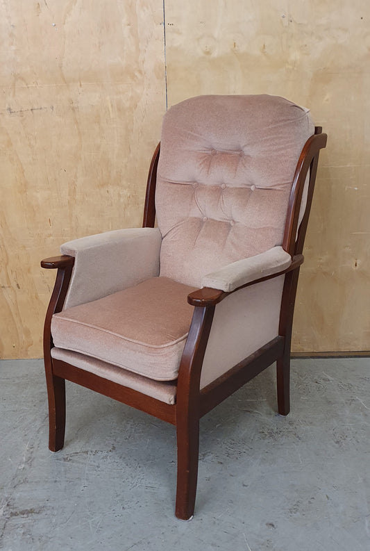 Maroon Velvet Armchair with Deep Buttoned Back Rest and Dark Wood Frame - 010825-01
