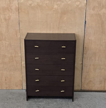 Dark Wood 5 Drawer Chest of Drawers with Gold Handles - 100925-01