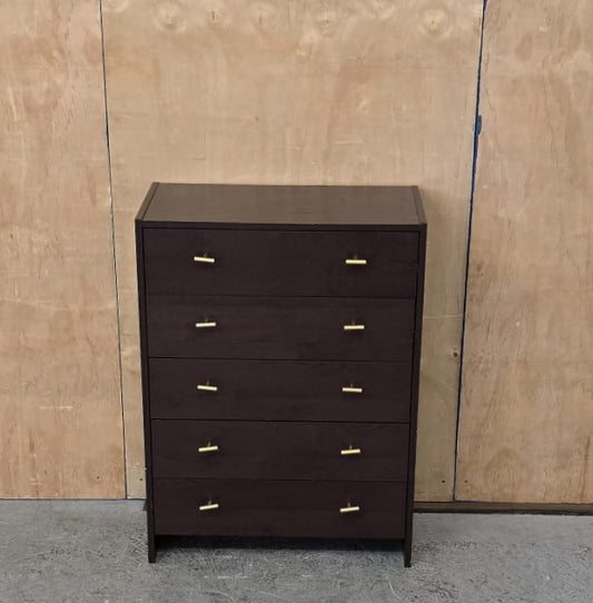 Dark Wood 5 Drawer Chest of Drawers with Gold Handles - 100925-01