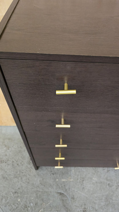 Dark Wood 5 Drawer Chest of Drawers with Gold Handles - 100925-01