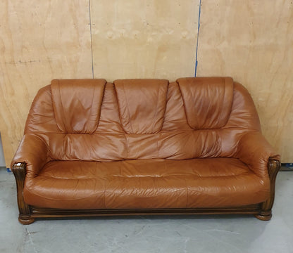 Brown Leather 3 Seater Sofa with Decorative Wooden Frame- 103094