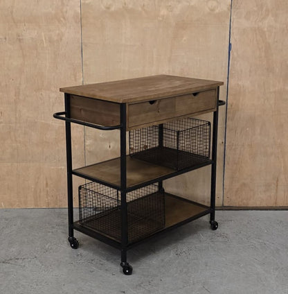 3 Tier Dark Wood / Black Metal Kitchen Trolly on Castor Wheels - 104763