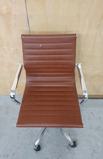 Brown Faux Leather and Chrome Office Chair on Castor Wheels - RN103156