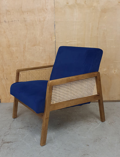 Blue Velvet Accent Armchair with Rattan Sides - 104941