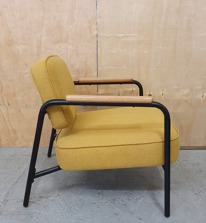Modern Mustard Accent Chair with Black Metal Frame, Wood Armrest and Detachable Back Rest - 104869