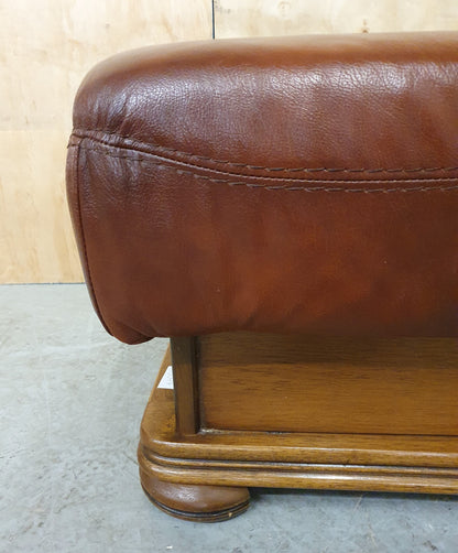 Brown Leather Footstool with Decorative Wooden Frame - 103097