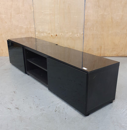 Large Black Glass / Wood TV Stand with 2 Doors and Internal Shelving - 103723