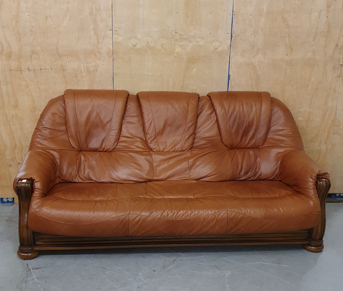 Brown Leather 3 Seater Sofa with Decorative Wooden Frame- 103094