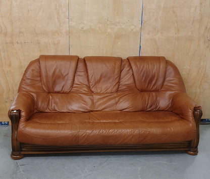 Brown Leather 3 Seater Sofa with Decorative Wooden Frame- 103094