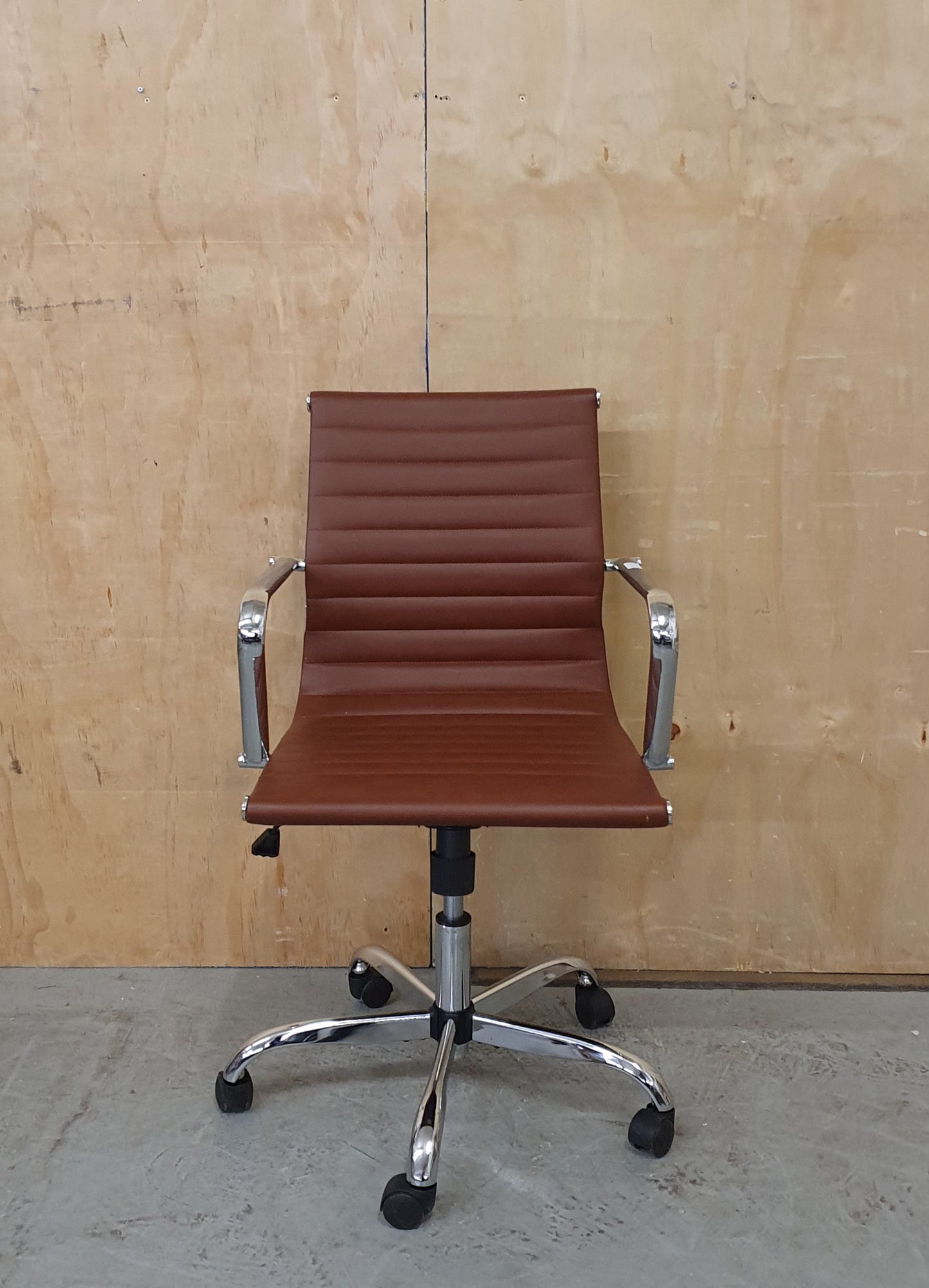 Brown Faux Leather and Chrome Office Chair on Castor Wheels - RN103186