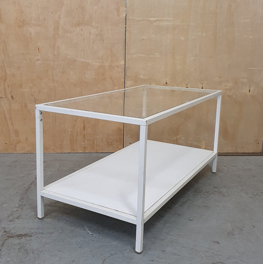 Modern White 2 Tier Coffee Table with Glass Top and Metal Frame - 104881