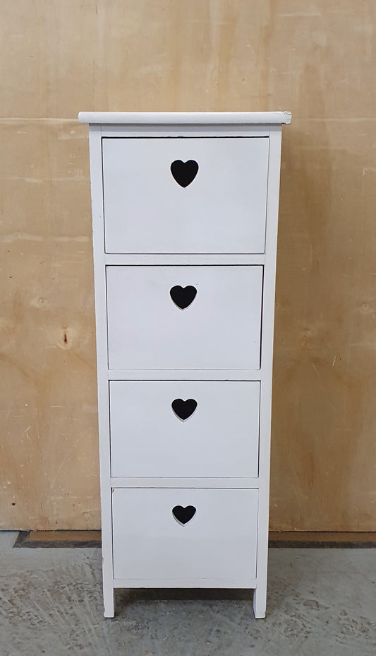 Small White Wood 4 Drawer Storage Unit with Heart Cut Outs on Drawers - 104049