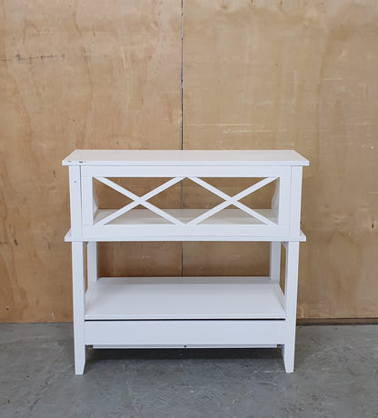 Small White Wood 2 tier Cabinet with 1 Drawer and Criss-Cross Back - 130825-07