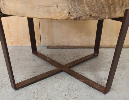 Round Wood Engraved Top Metal Frame Coffee Table - 104174