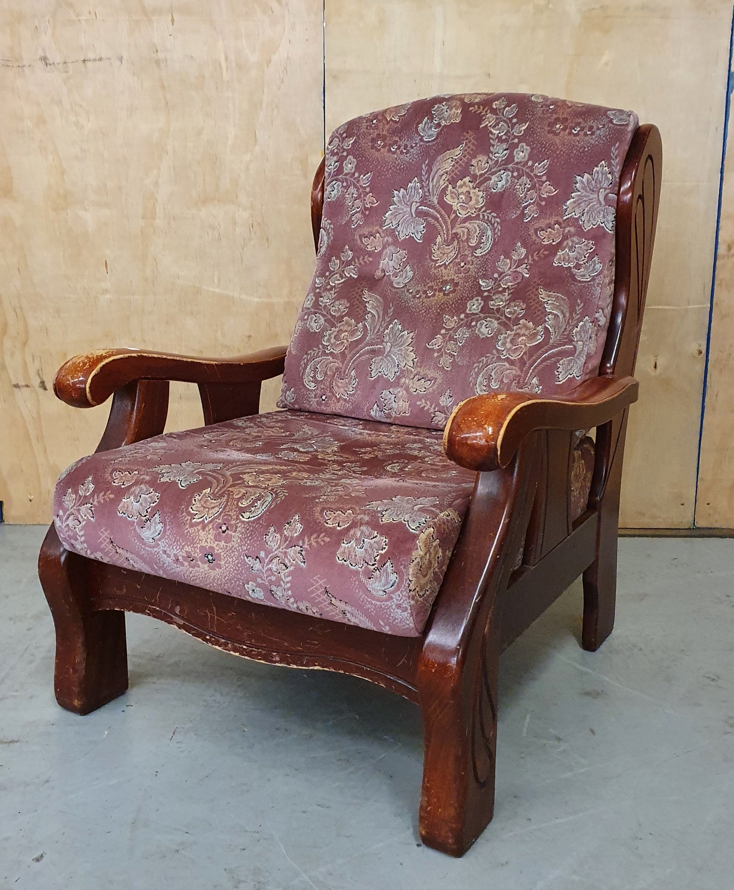 Wood Framed Burgundy Floral Fabric Armchair - 101335