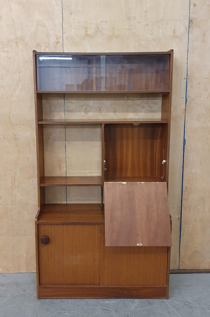 Vintage Wood Display Cabinet with Sliding Top Glass Doors Extra Storage Areas and on Wheels - 104537