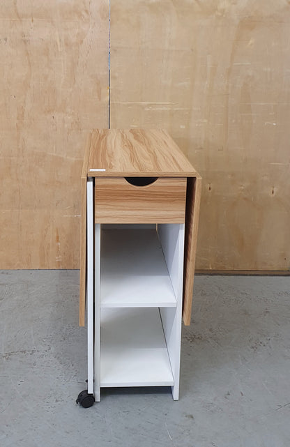 White Wood Drop Leaf Table with Lover Shelving and Castor Wheels - 103780