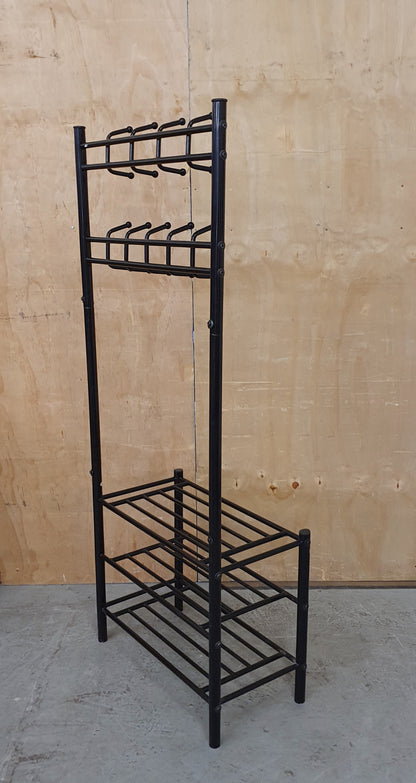 Black Metal Free Standing Coat Stand with 3 Tier Shoe Rack - EL104602