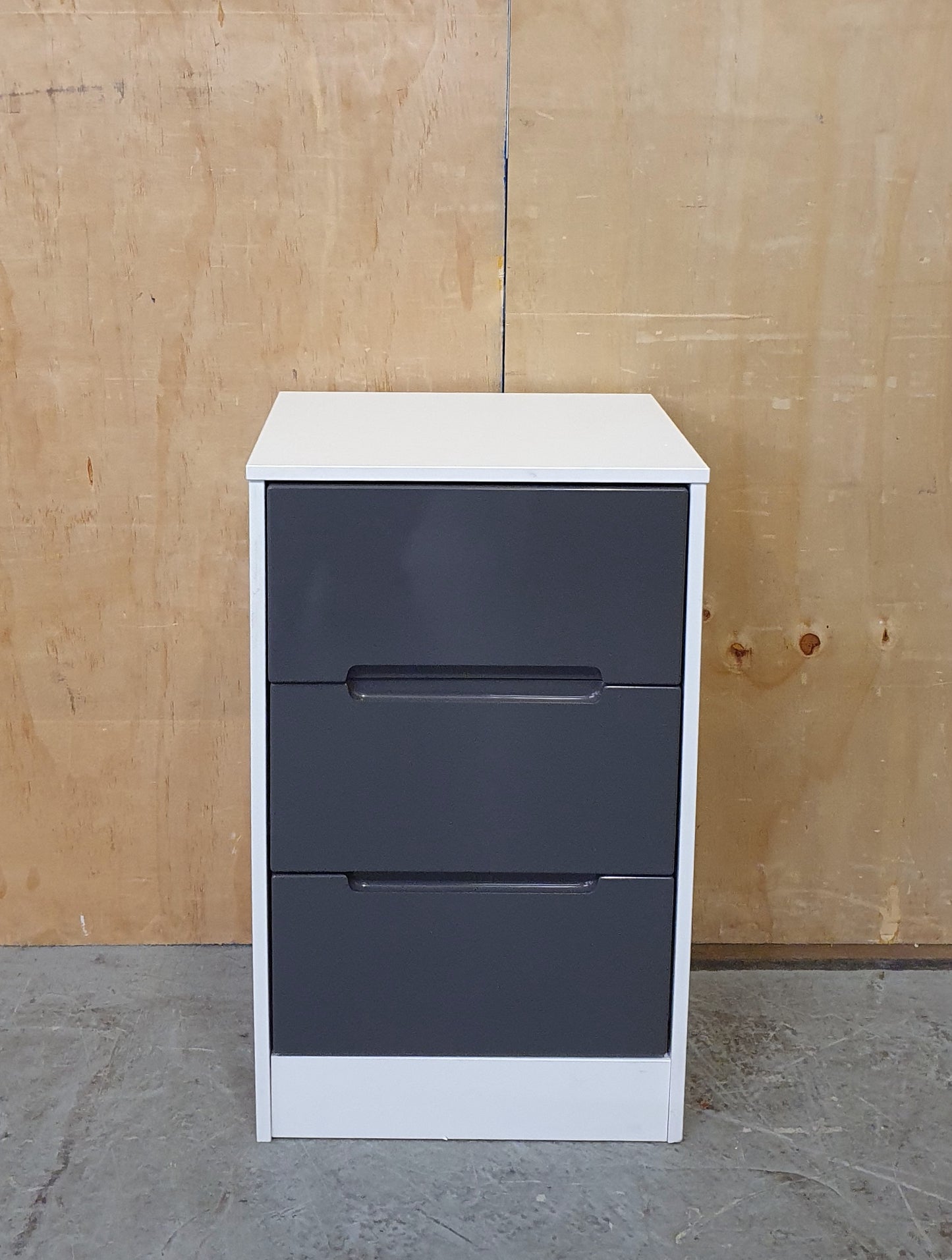Single White Wood 3 Drawer Bedside Cabinet with Grey High Gloss Front - 190925-01