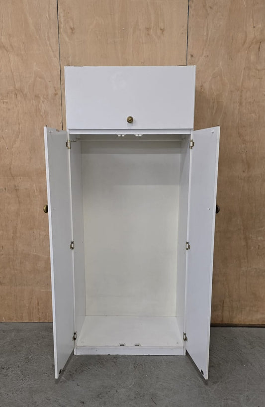 2 Door White Wood Wardrobe with Top Open Section - 110925-01