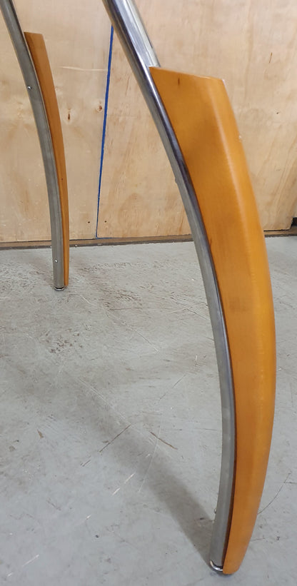 Round Glass Dining Table with Wooden Edge Chrome Curved Feet  - 104680