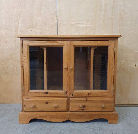 Small Glass Door Pine Cabinet with Drawers and Built In CD Racks - EL104074
